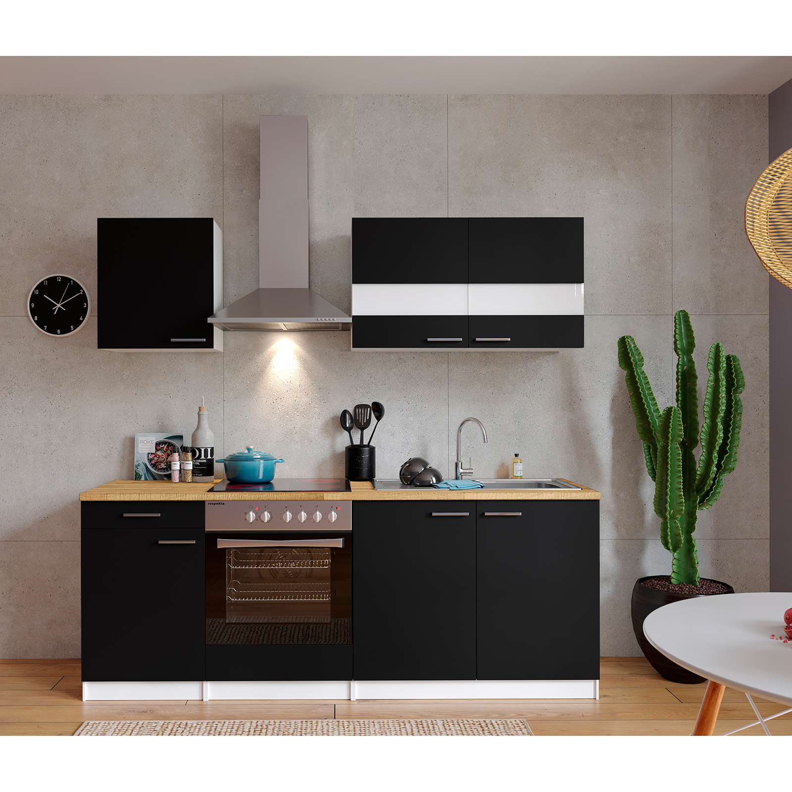 RESPEKTA Küchenblock - schwarz - mit E-Geräten - 210 cm