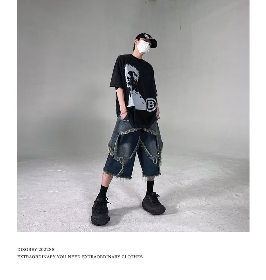 Femilina - Mid Rise Patchwork Fringed Washed Wide Leg Jorts