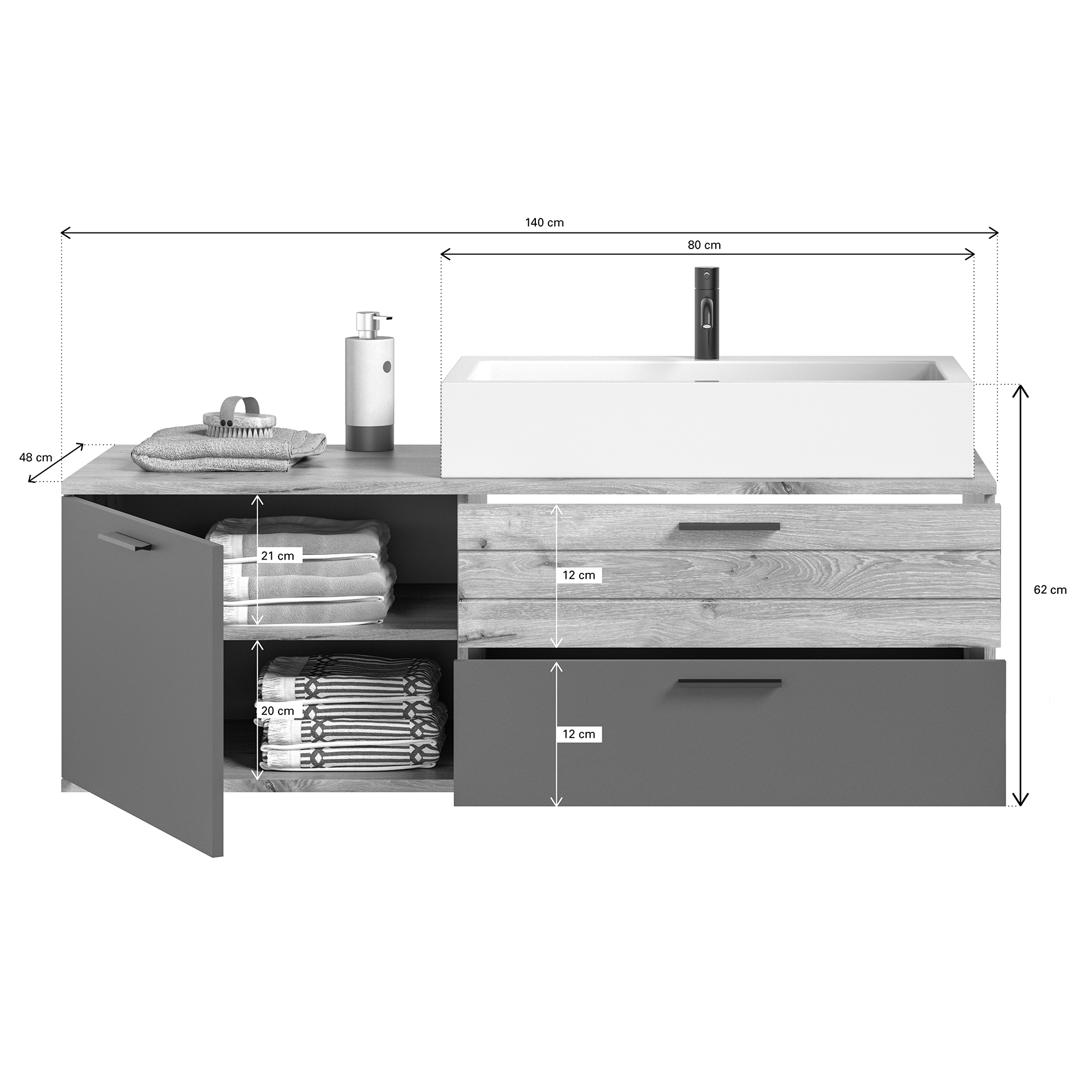 Waschtisch MASON - Nox Oak - Basalt grau - 140 cm