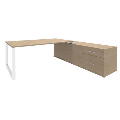 Bureau URBAN Manager - L180 x P100 x H72,5 cm - console retour à droite (tiroirs) L200 x P60 cm - pieds blanc - plateau imitation chêne clair