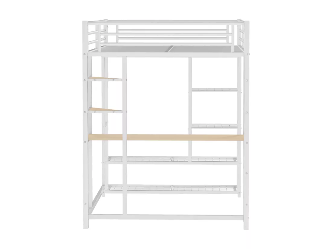 Lit mezzanine lit en fer/ lit en métal 140*200cm lit simple enfant avec compartiment de rangement table et sommier à lattes, blanc