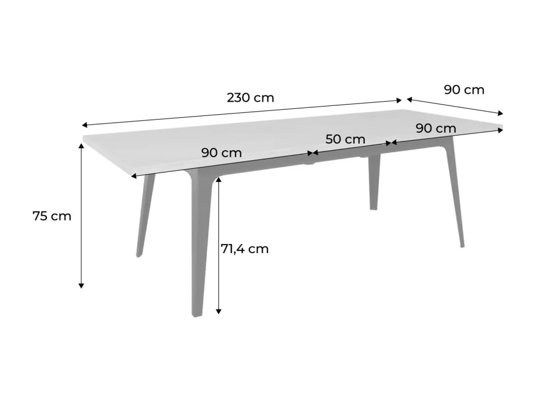 Table à manger extensible rectangulaire 180-230cm. placage chêne et métal. teinte naturelle. L 180/230 x P 90 x H 75cm