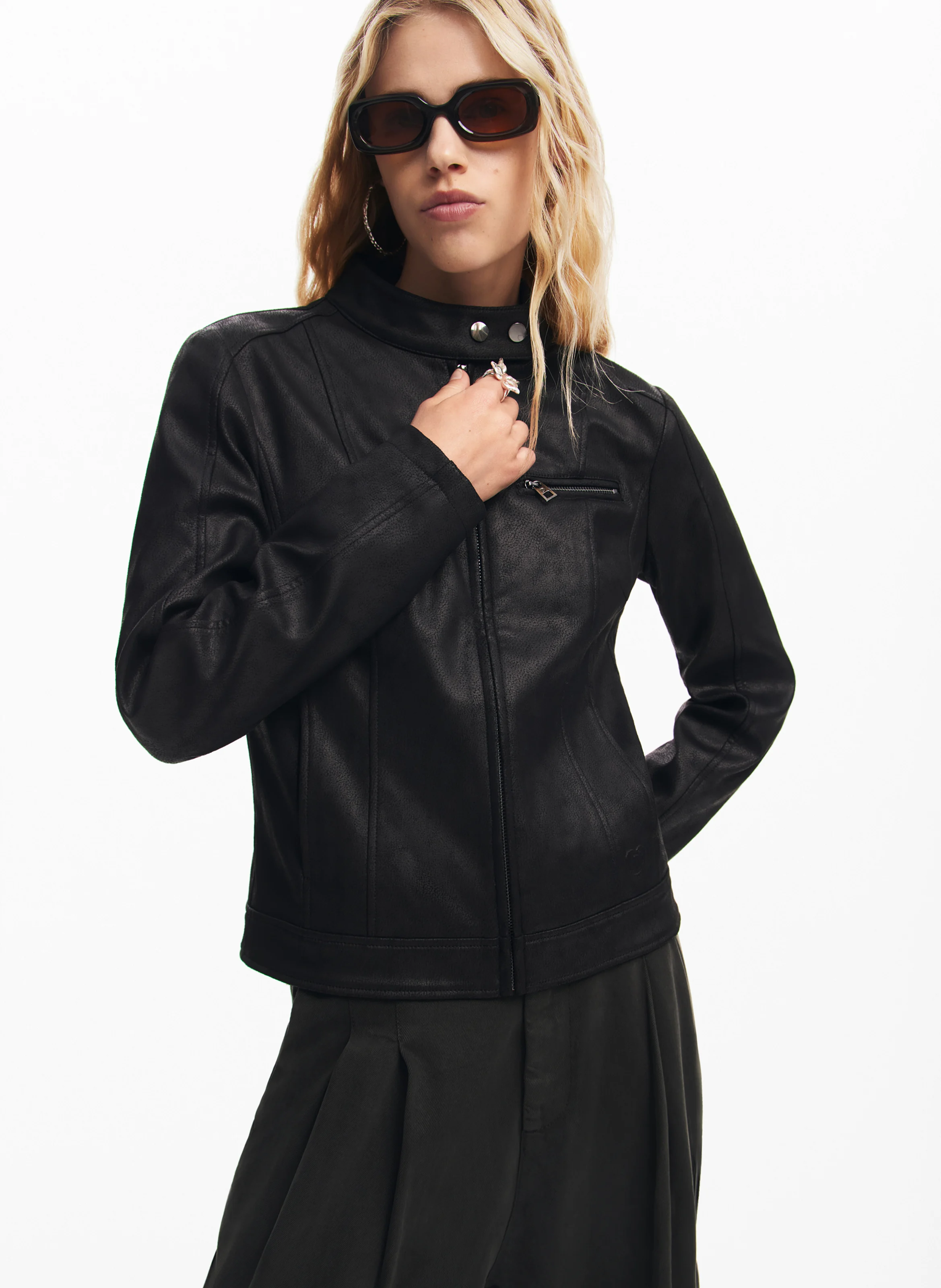 Veste droite biker effet cuir| Noir