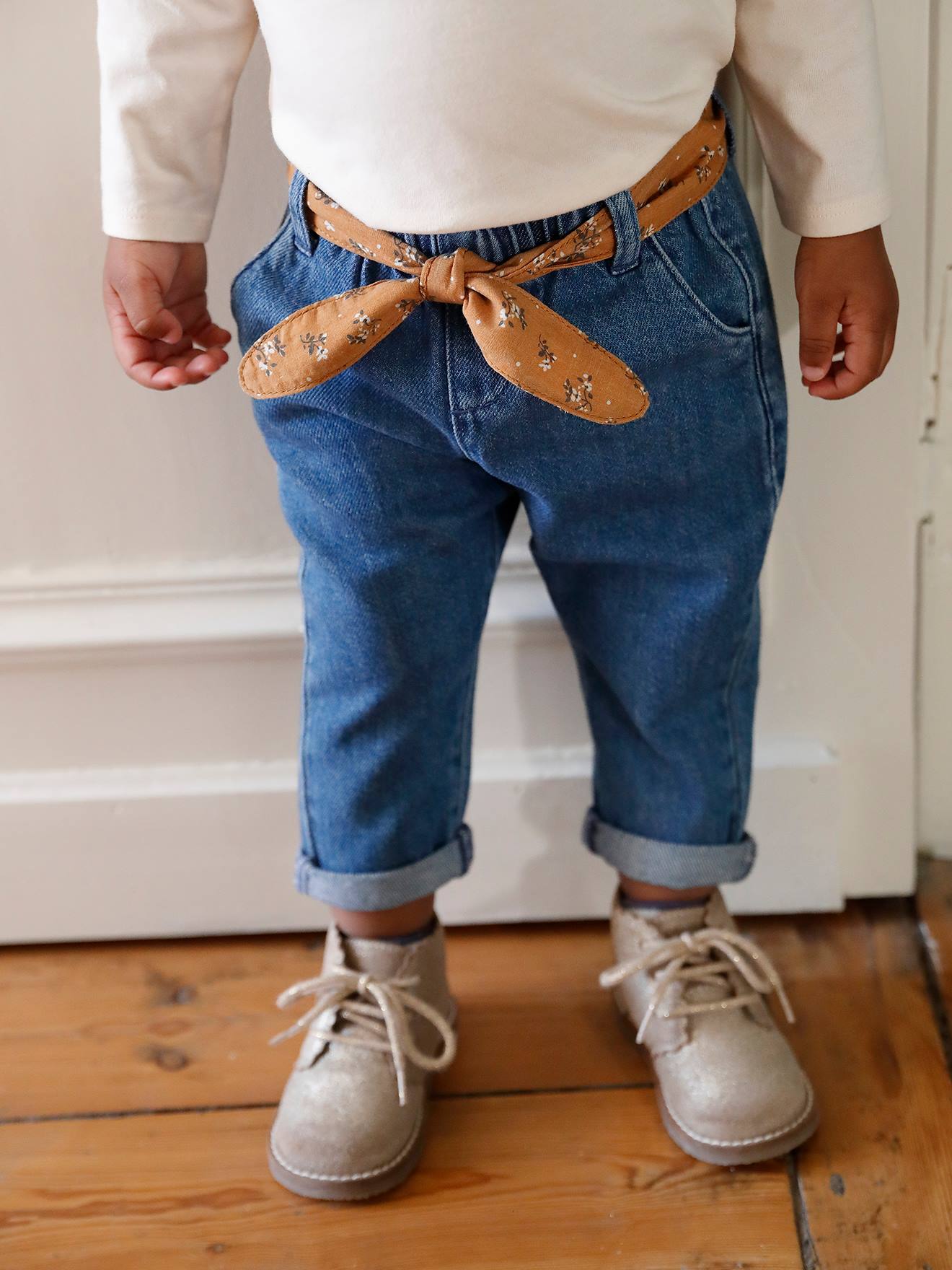 Calça jeans com cinto de tecido, para bebê, azul escuro liso