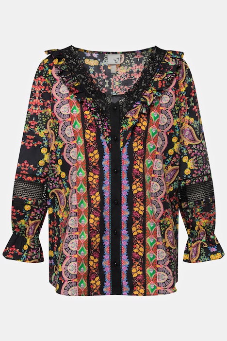 Bluse, Spitze, Rüschen, V-Ausschnitt, Langarm