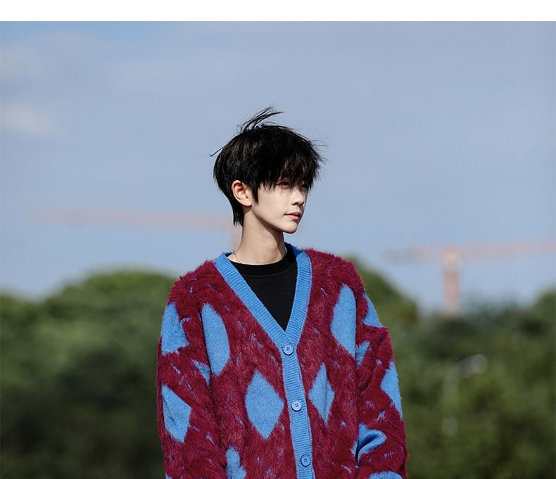 jaywoon - Argyle V-hals oversized pluizige cardigan