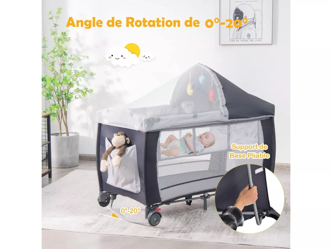 Lit Parapluie Bébé Pliant 4 en 1 Berceau/Table à Langer Parc de Jeux Fonction Basculement avec Matelas,Arc de Jeux Sac Gris