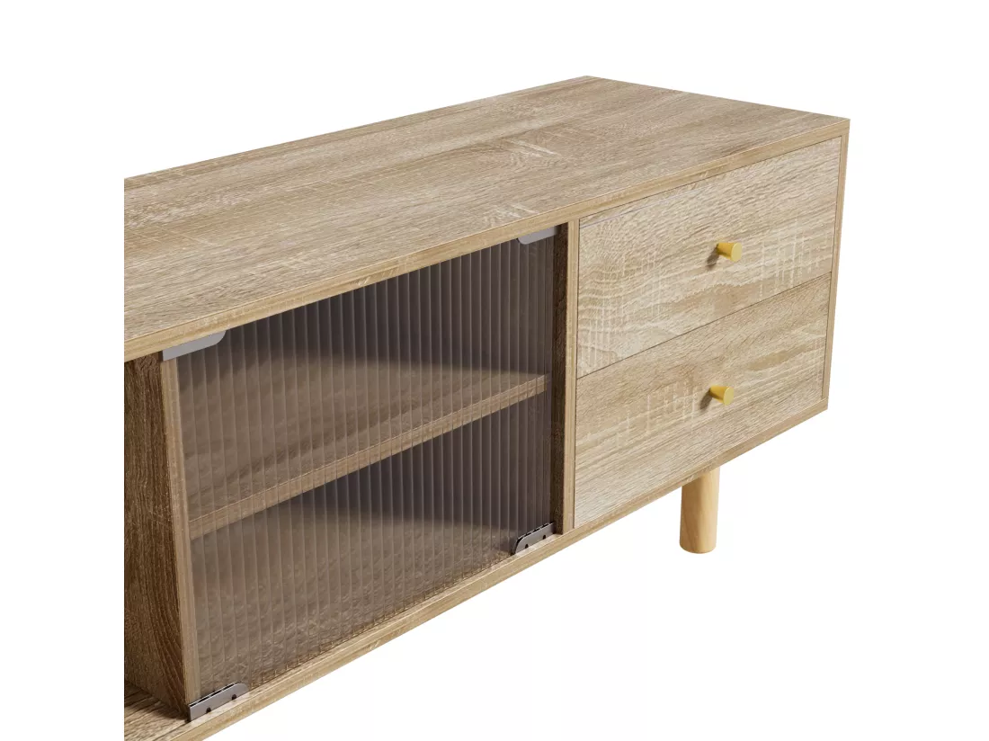 Meuble TV en anneaux de particules - 1 porte & 2 tiroirs & 3 compartiments - Naturel