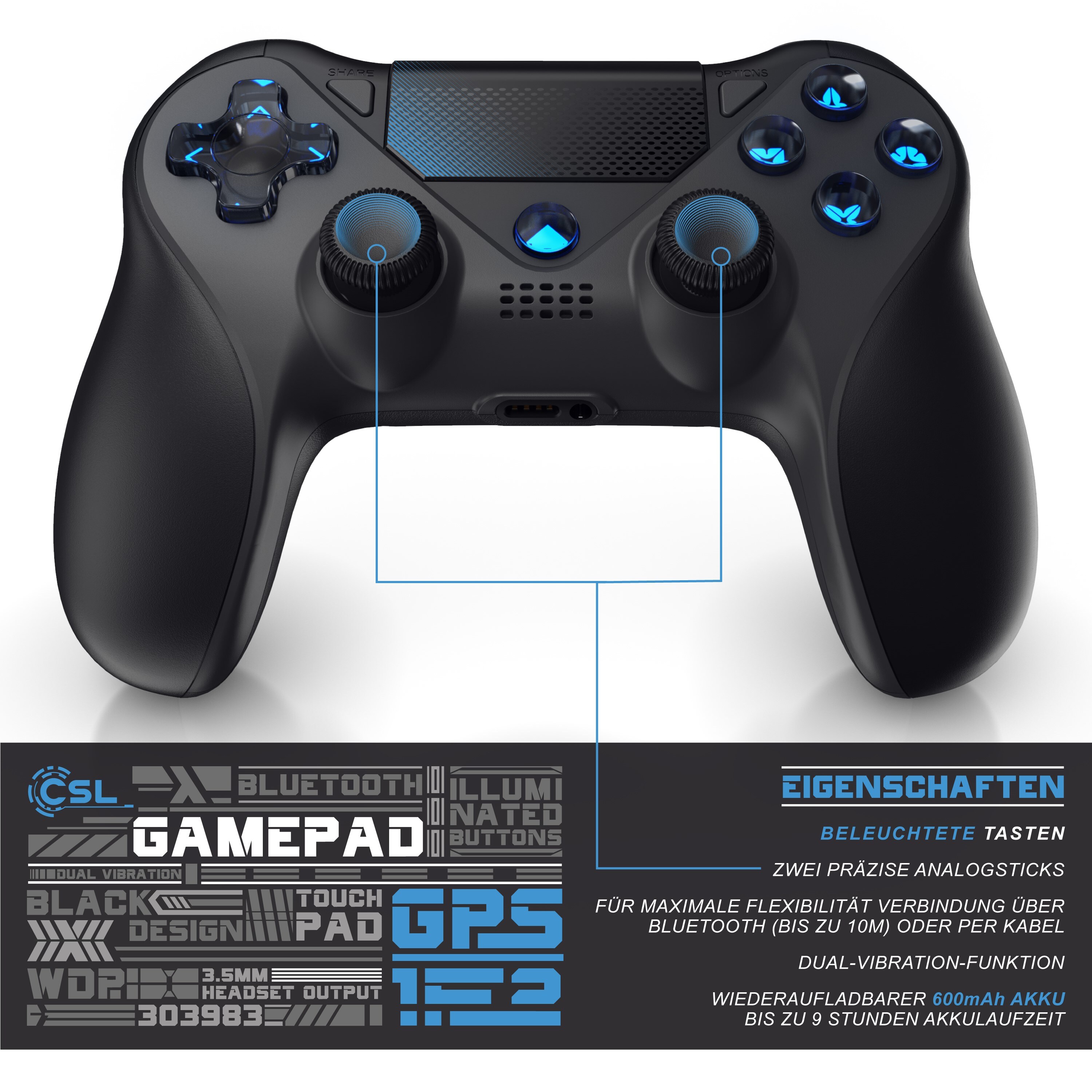 CSL 2x Wireless Gamepad Controller für PS4 & Switch Bluetooth & Kabelverbindung/ Touchpad / Akku