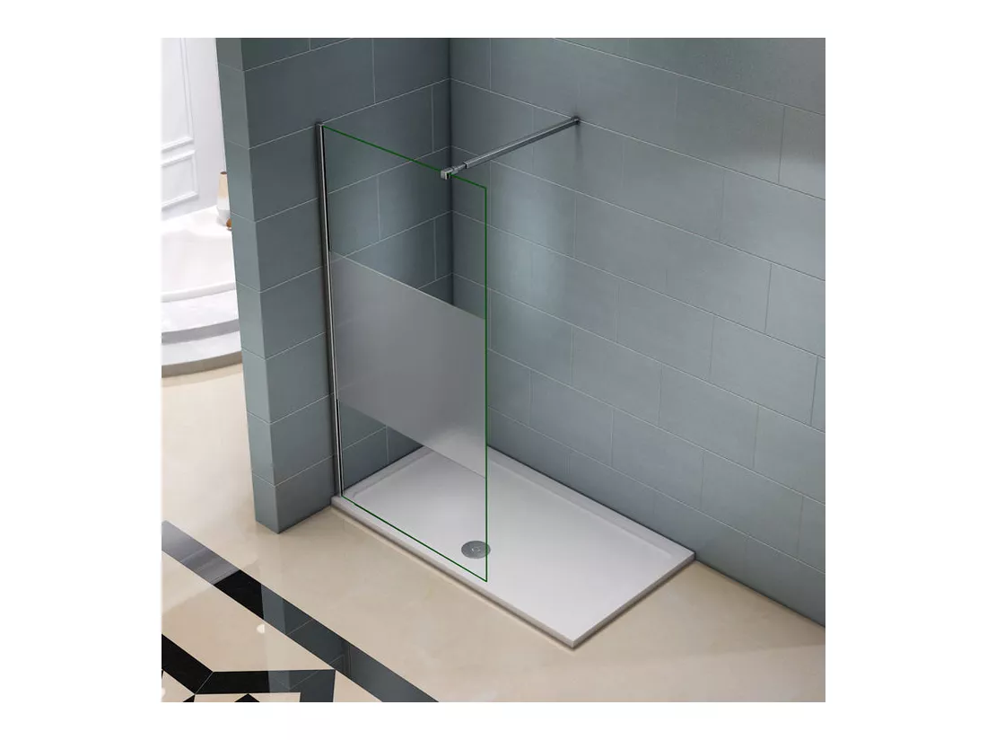 Paroi de douche à l'italienne 90x200cm avec barre de fixation 73-120cm en carré, en 8mm verre bande centrale dépolie