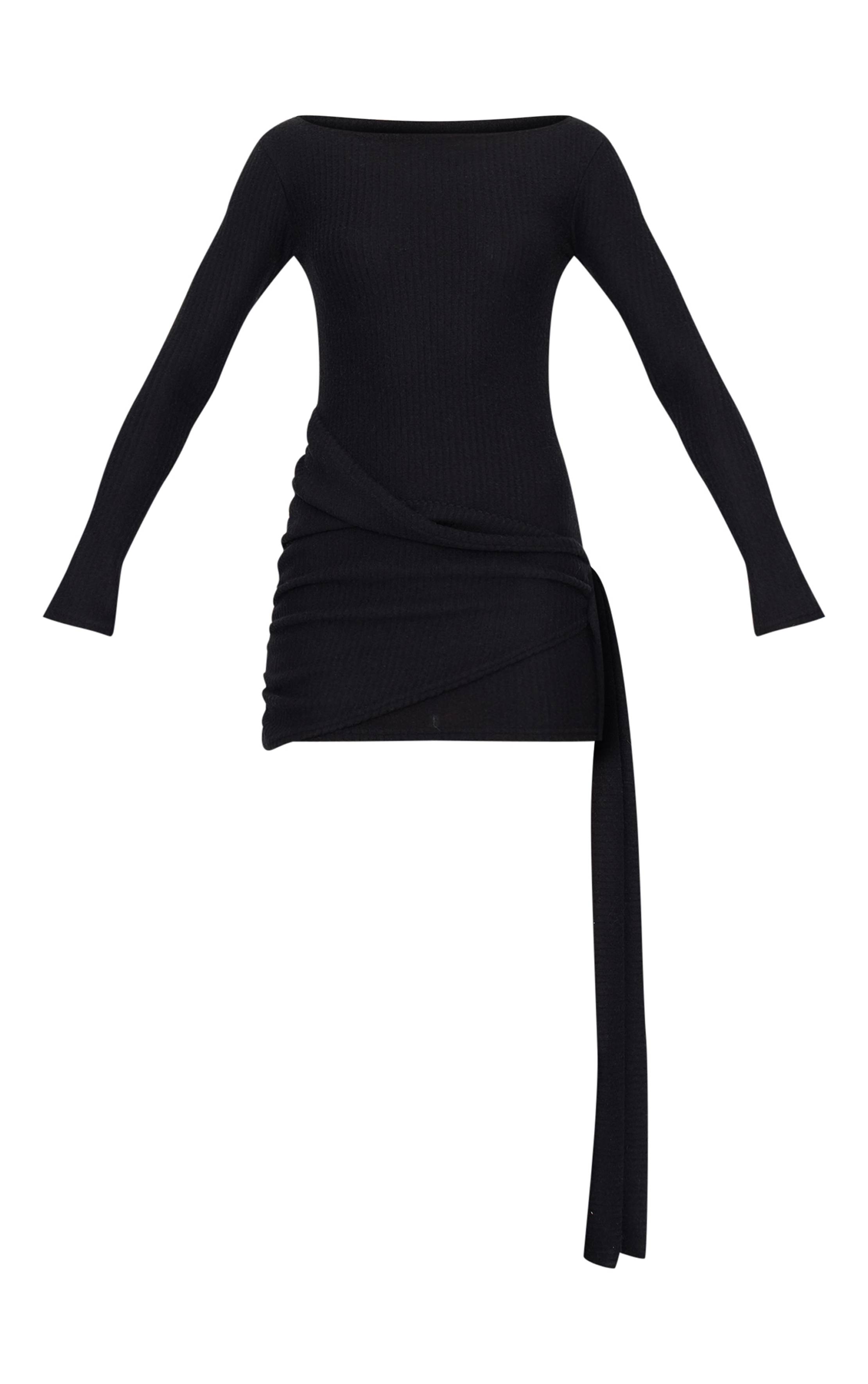Noir Robe Moulante Côtelée Brossée Avec Détail Ceinture À Nouer À La Taille
