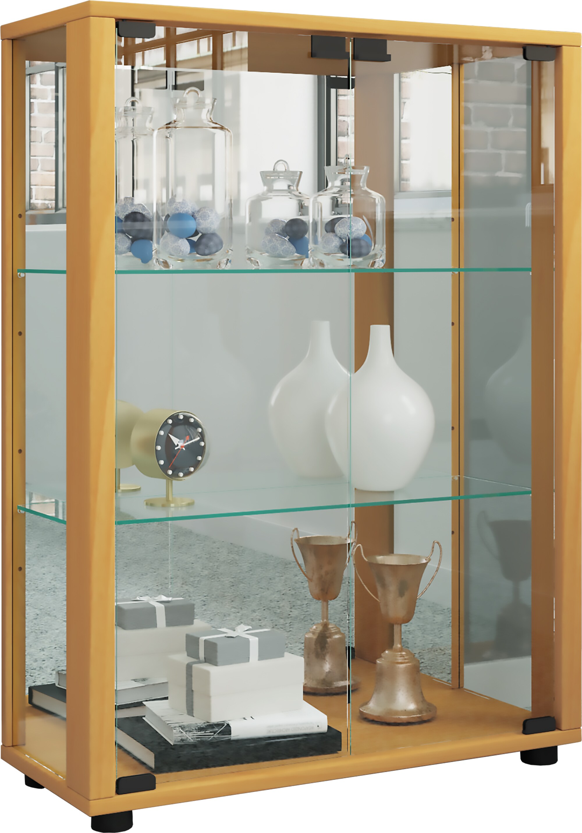VCM Holz Glas Vitrine Sammel Glasvitrine Schaukasten Standvitrine Sintalo Spiegel