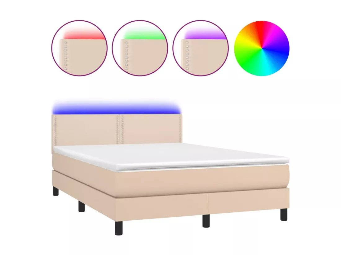 Sommier tapissier matelas LED Cappuccino 140x190 cm Similicuir
