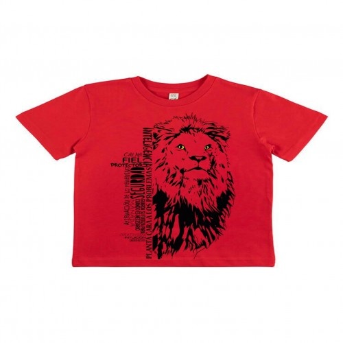 Camiseta infantil de manga curta com estampa de leão vermelho, em algodão orgânico.