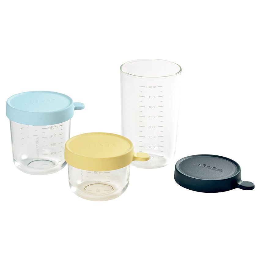 Set 3 pots de conservation en verre - Jaune/Bleu - Ecru