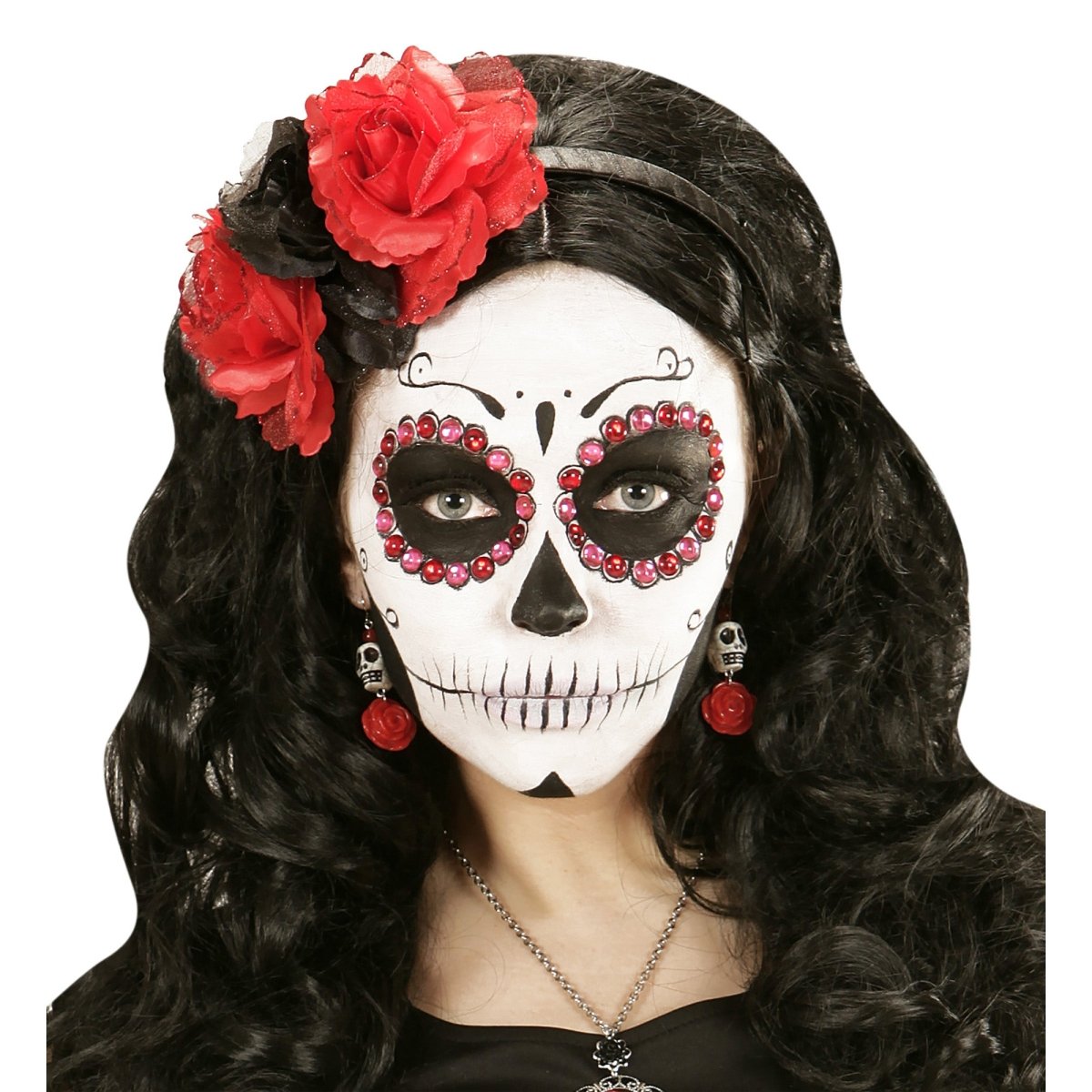 Halloween Oorbellen Rood Wit Schedels Met Roos