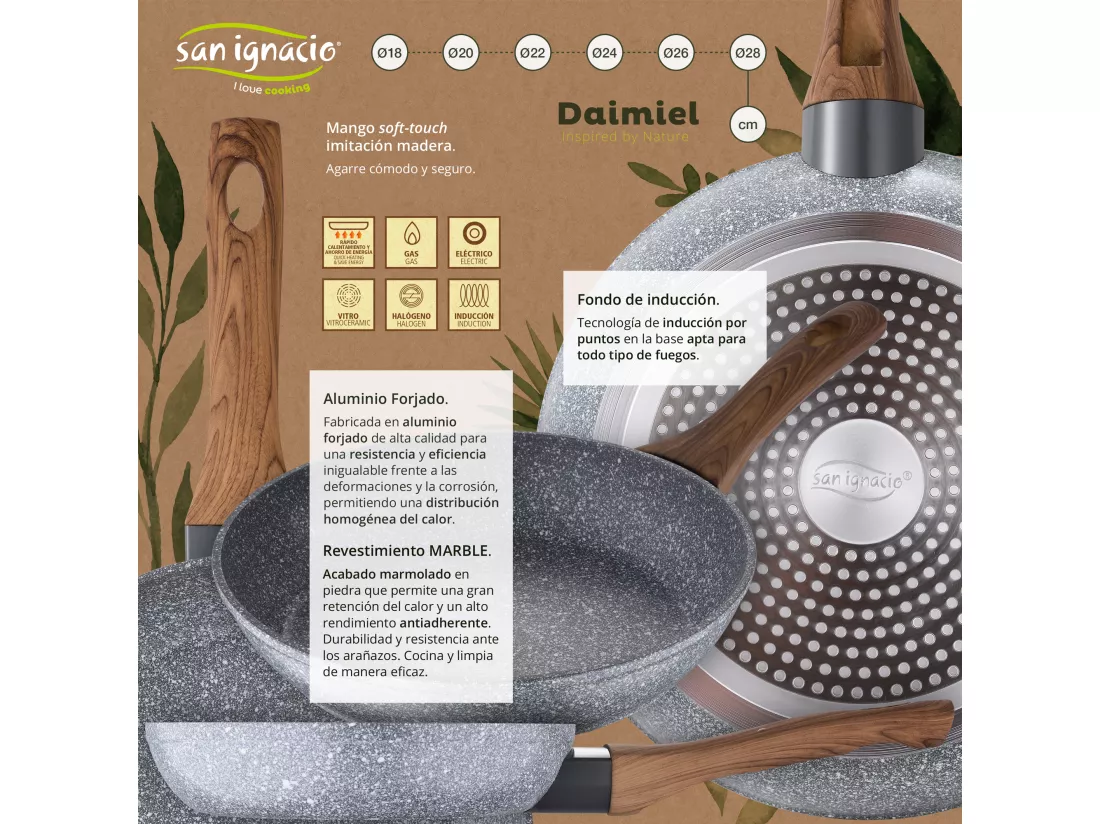 batterie de cuisine en acier inoxydable de 8 pièces avec poêles à frire (18,20,24 cm) en aluminium forgé collection daimiel
