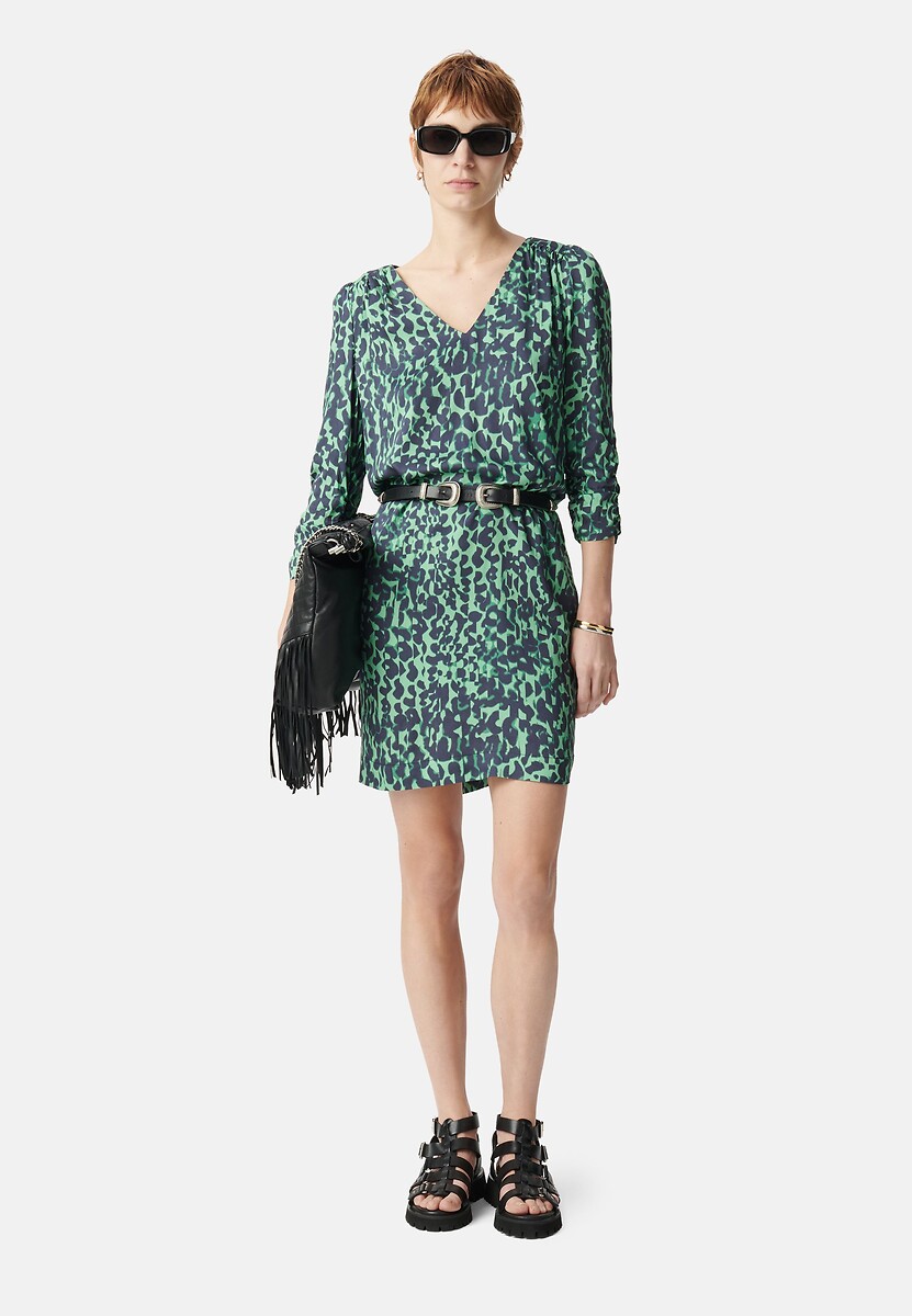 IKKS<br>Vestido reto fluido estampado, decote em V, mangas 3/4