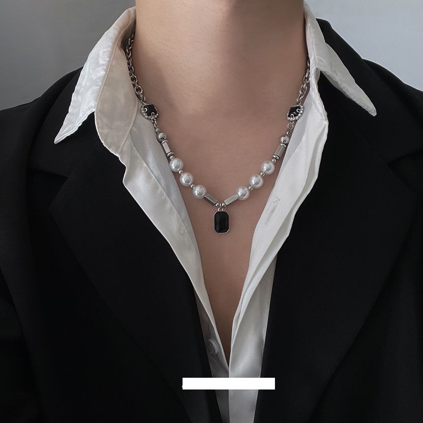 Lilafey - Ketting van roestvrij staal met imitatie-edelsteen en imitatie-parel