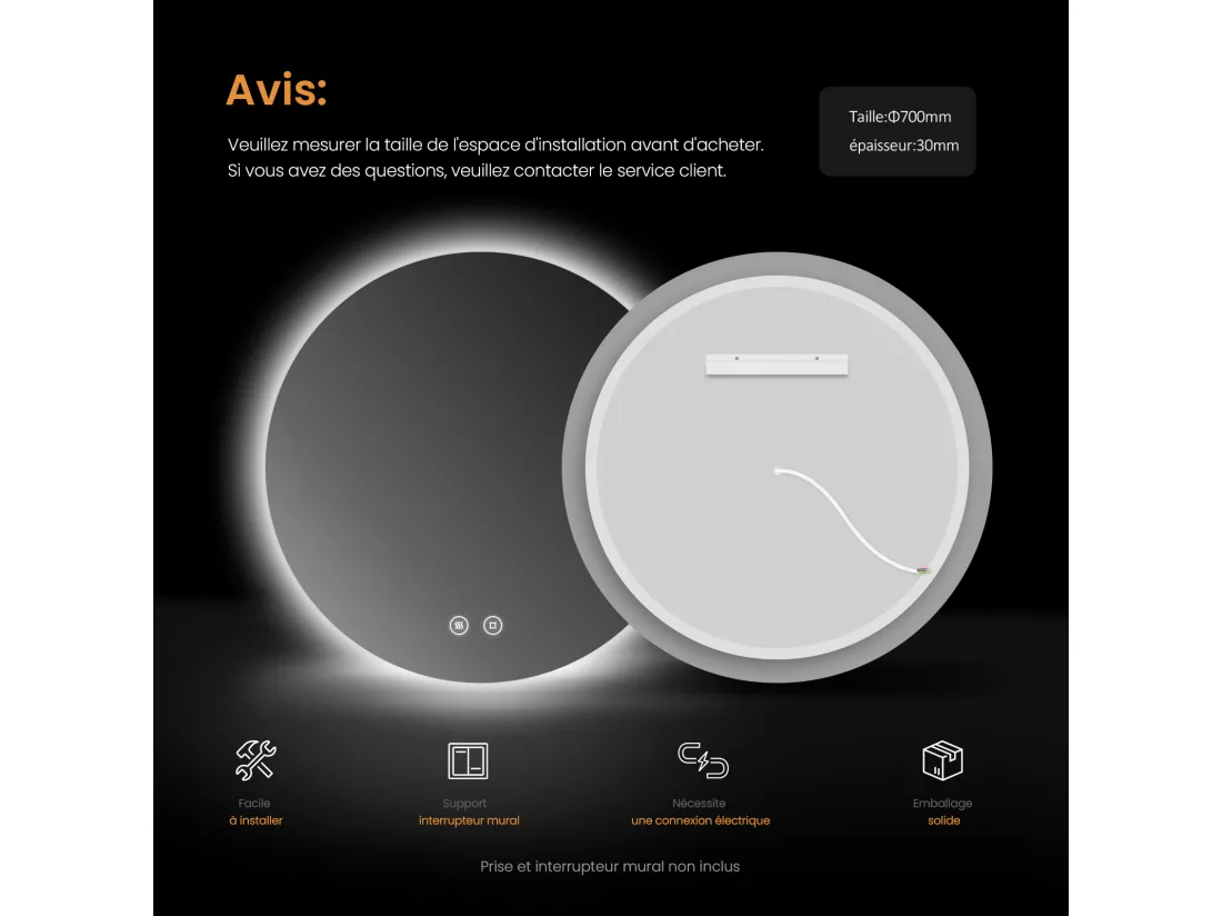 EMKE Miroir lumineux salle de bain rond diamètre 70cm, Miroir LED rétro-éclairage, Interrupteur Tactile, Anti-buée, Lumière Blanche Froide (Réglable)
