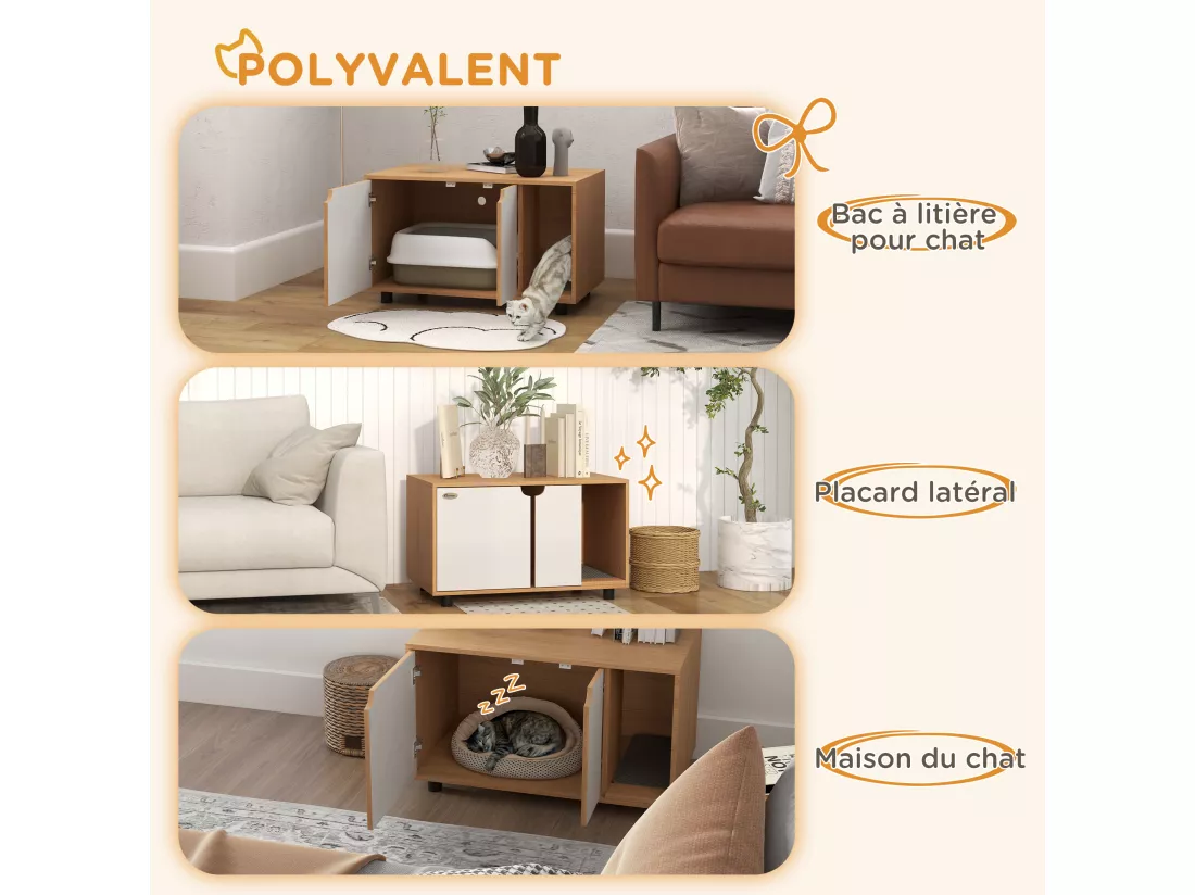 Maison de toilette pour chat style scandinave - meuble cache litière - portes, aérations, tapis de fuite - naturel blanc