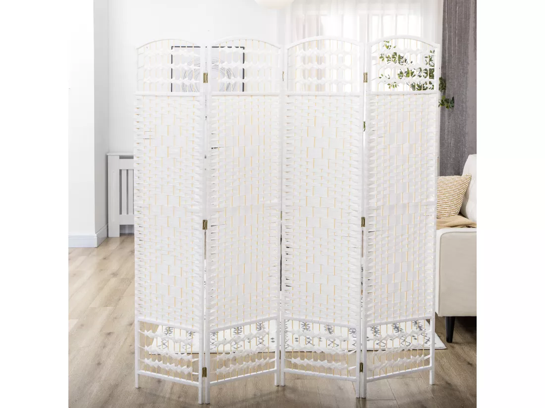 Paravent intérieur 4 panneaux pliables séparateur de pièce bois de peuplier bambou fibres de papier tressée blanc paille