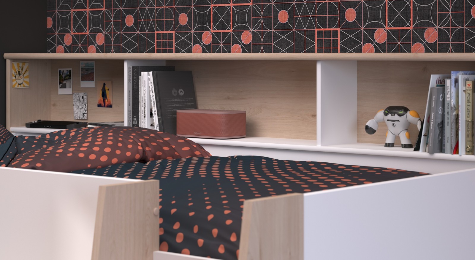 Hochbett LUCAS - weiß - Japanische Eiche - mit Schreibtisch