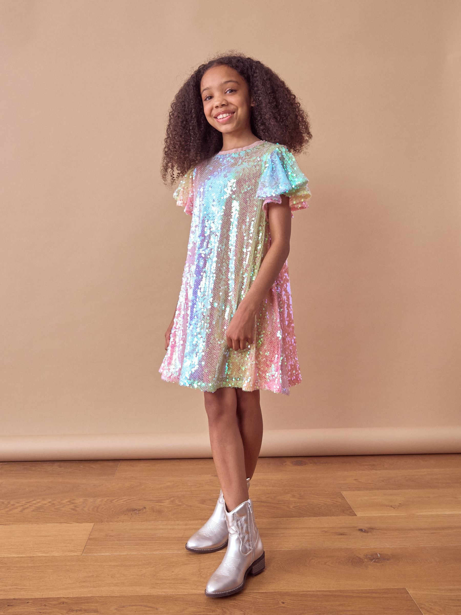 Roze/blauw/groene regenboog - Feestelijk jurkje met glimmende pailletten (3-16 jr)