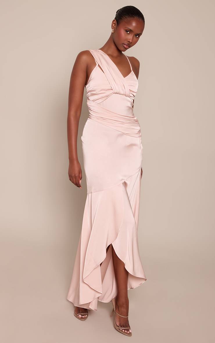 Rose Pâle Robe Longue À Bretelles Avec Détails Plissés En Satin