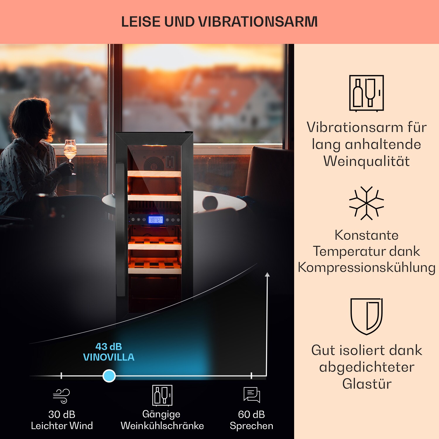 Vinovilla 17 Built-In Duo Weinkühlschrank 53l 17 Fl. 2 Zonen Glastür Schwarz