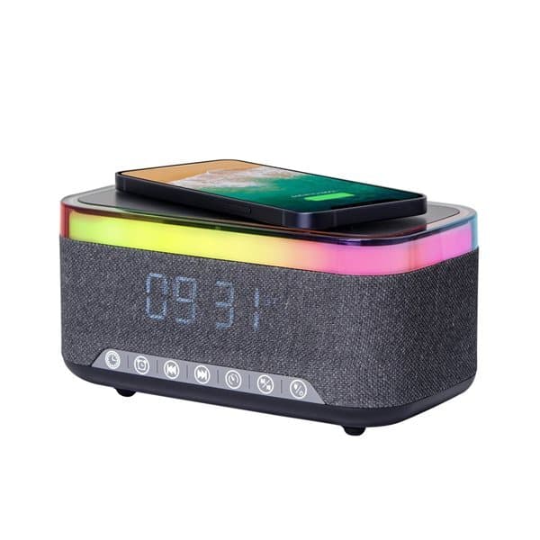 Digitalt vækkeur med højttaler, trådløs opladning og RGB-natlys