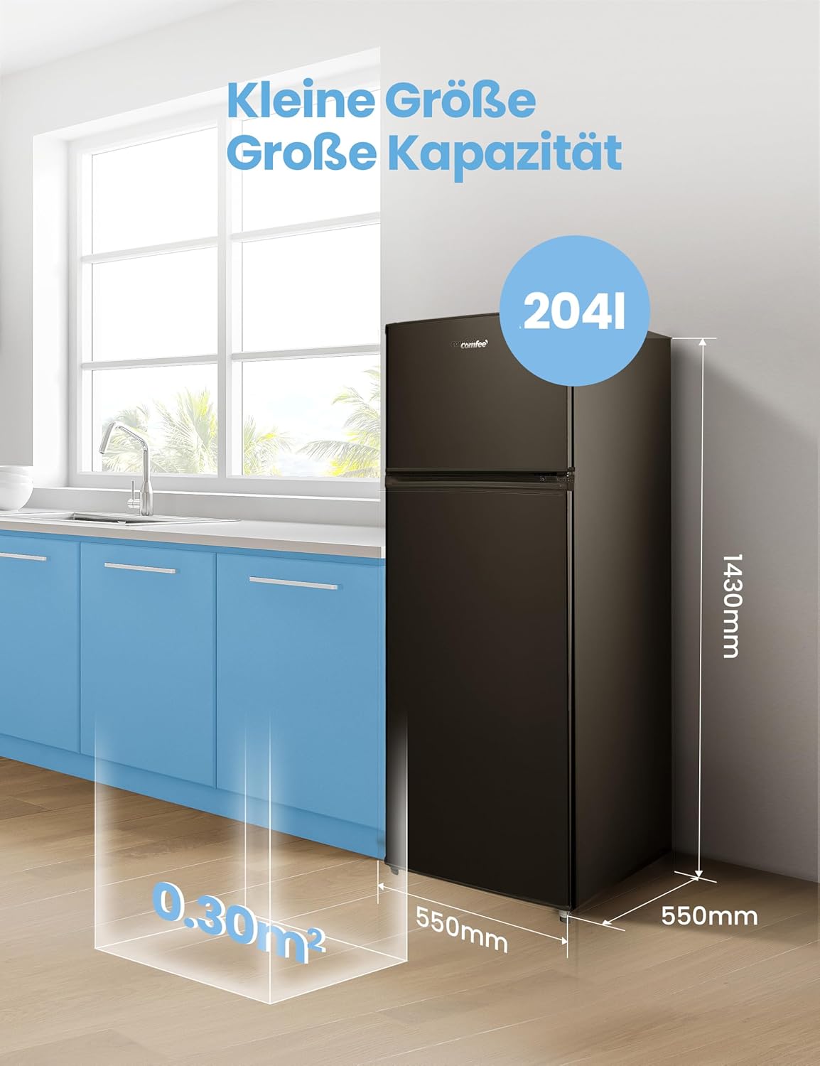 Comfee RCT284DK2A Kühl-/Gefrierkombination/Gefrierteil oben/176 kWh/Jahr/143cm Höhe/LED Licht/Reversibles Türscharnier/Schwarz