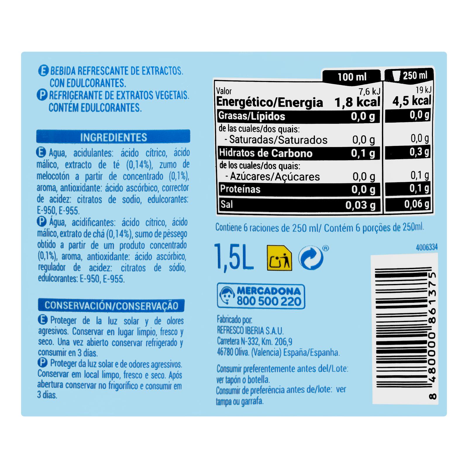 Boisson gazeuse au thé à la pêche Hacendado Zero