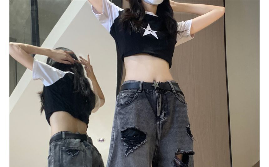 RONIN - Mid Rise Distressed Washed Wide Leg Jeans