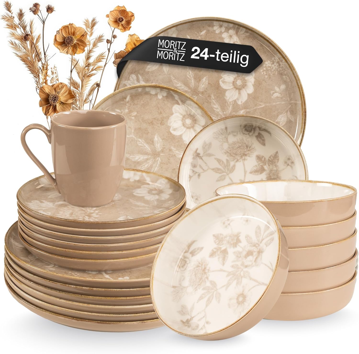 Moritz & Moritz MARIELLA Steingut Geschirrset 6 Personen 24-tlg. - Modernes Tafelservice in Beige mit verspieltem Design, Pflegeleichtes Kaffeeservice mit Teller Set, Schüsseln & Tassen - Kombiservice