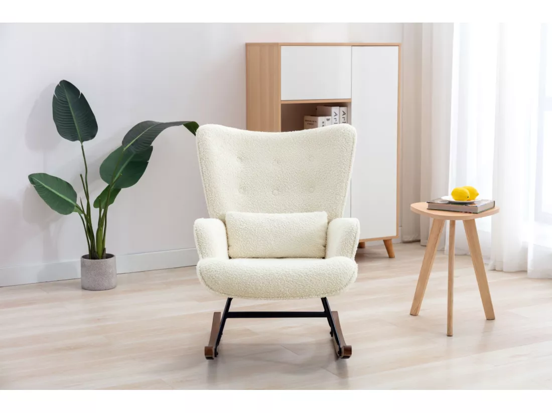 Fauteuil à Bascule Chaise Berçante Allaitement Bébé en Tissu Bouclette Rocking Chair Style Scandinave en Bois d'Hévéa, Beige