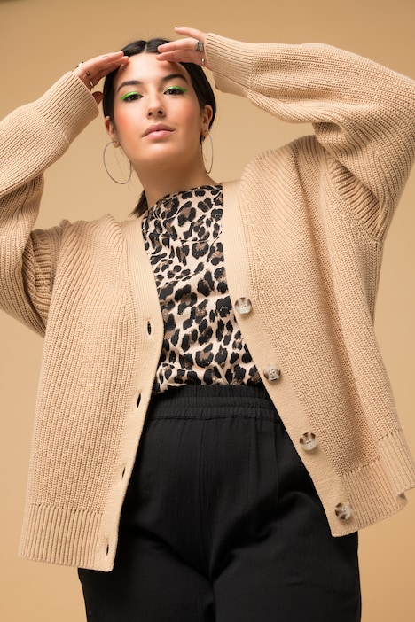 Strickjacke, oversized, Strukturstrick, V-Ausschnitt, Langarm