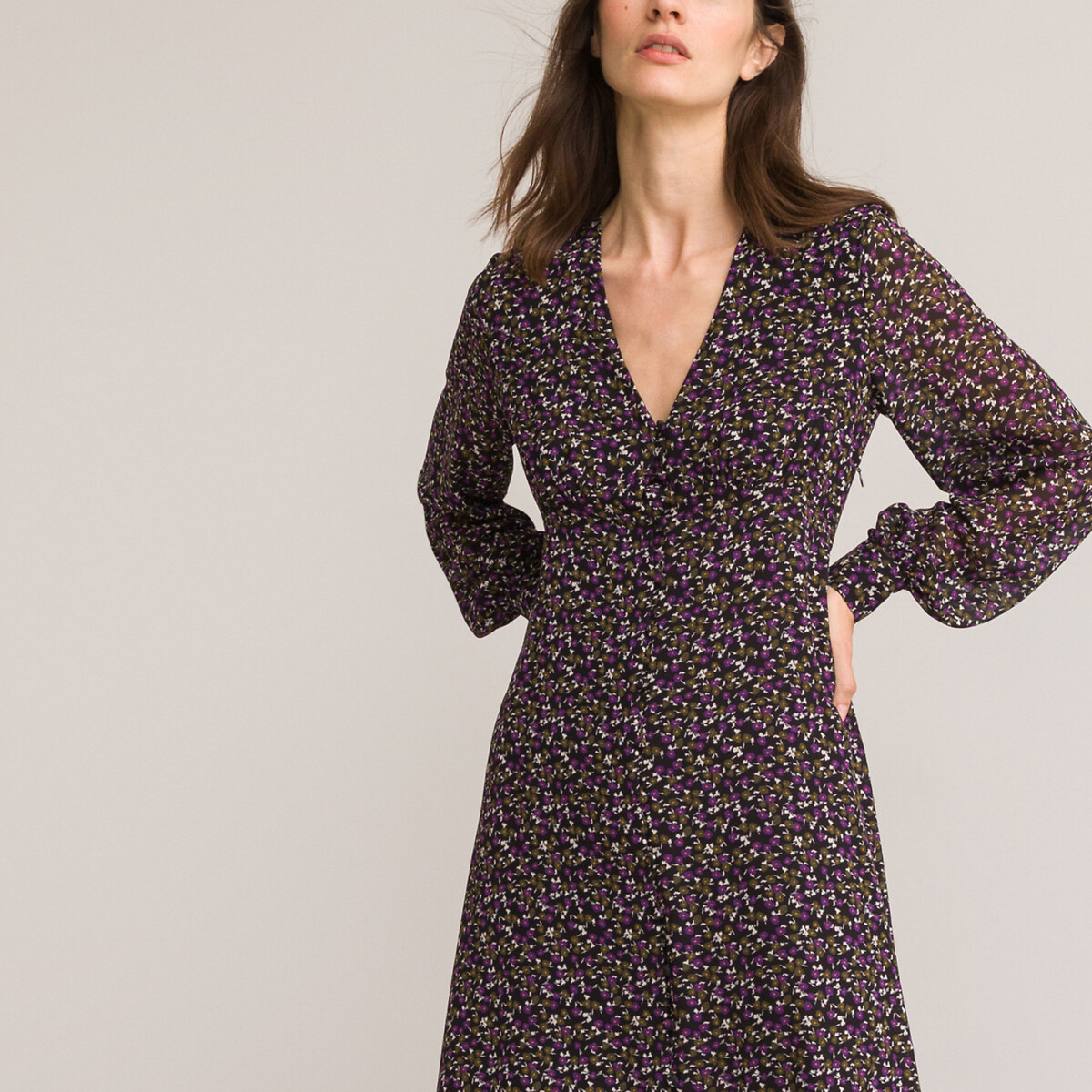LA REDOUTE COLLECTIONS<br>Vestido com decote em V, estampa floral, comprimento midi