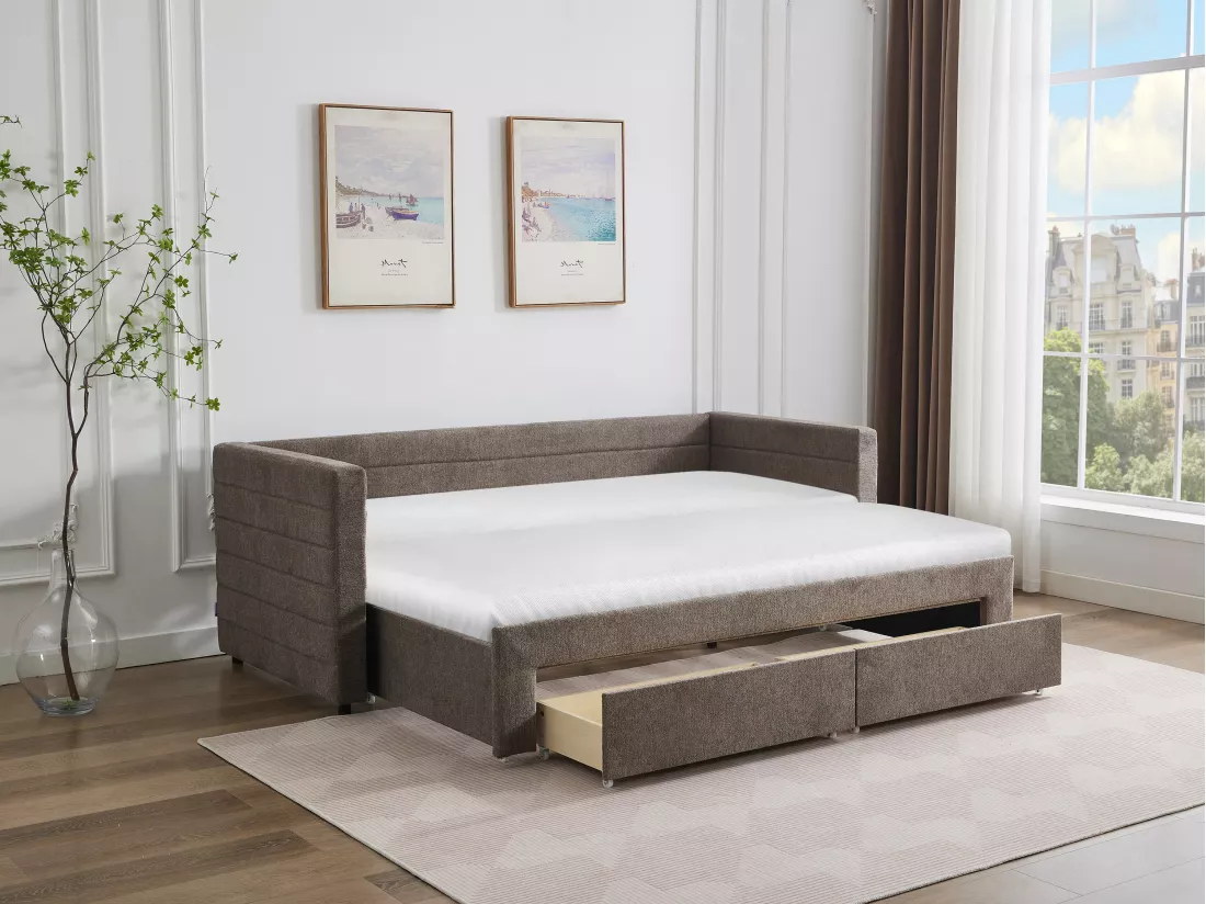 Lit gigogne 2 x 80 x 200 cm - Avec sommier peigne et tiroirs - Tissu texturé - Taupe - CAMITY