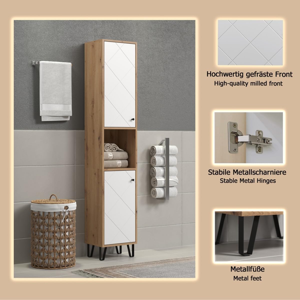 trendteam smart living - Touch - Hochschrank - Artisan Eiche/Weiß - 4 geschlossene und 1 offenes Fach - (BxHxT) 36 x 191 x 29 cm - 2 Einlegeböden - kratzfest