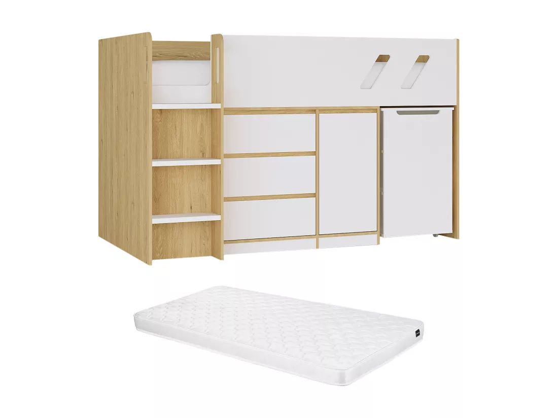 Lit combiné 90 x 190 cm avec bureau et rangements - Coloris : Naturel et blanc + Matelas - SAGITI