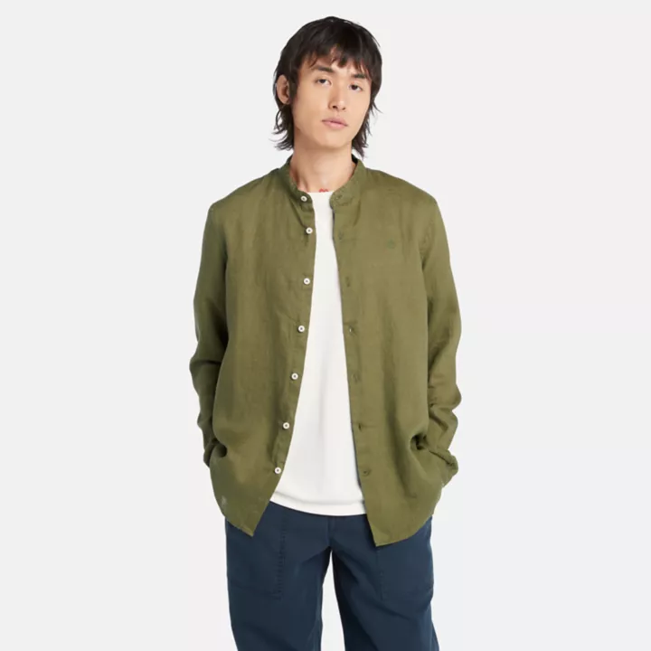 Chemise en lin Mill Brook à col Mao pour homme en vert