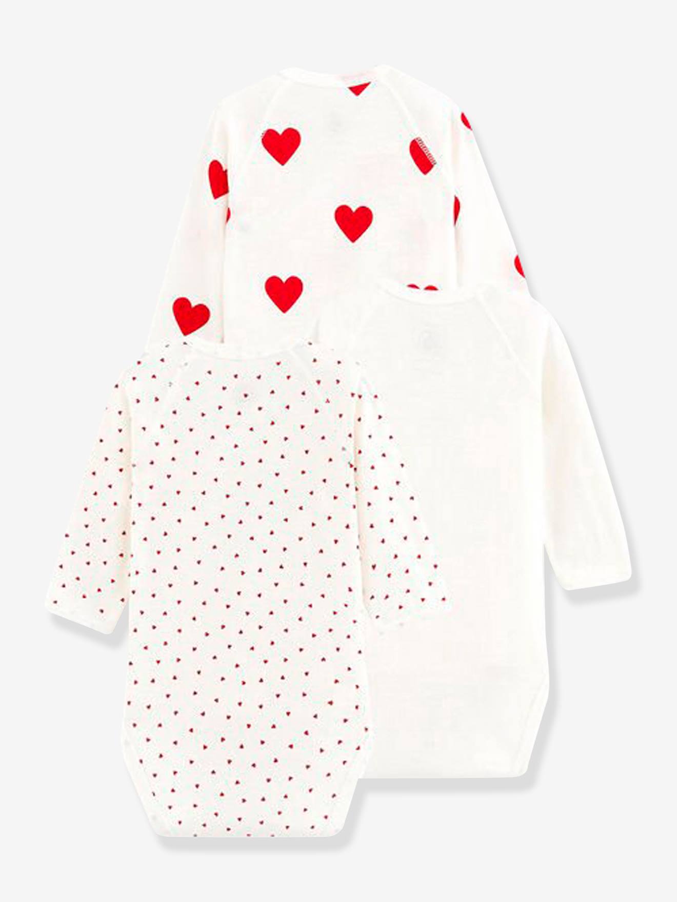 Conjunto de 3 bodies de manga comprida com decote cruzado e estampa de corações para recém-nascidos, em algodão orgânico, da marca PETIT BATEAU, nas cores branco claro e bicolor/multicolorido.