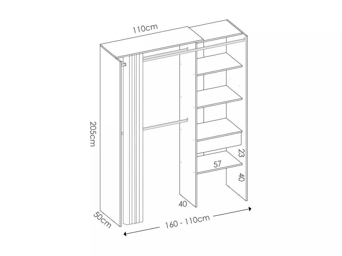 Armoire dressing en bois mélaminé avec penderies, 1 tiroir et 1 rideau coloris chêne naturel, graphite - Longueur 160 x Profondeur 50 x Hauteur 205 cm