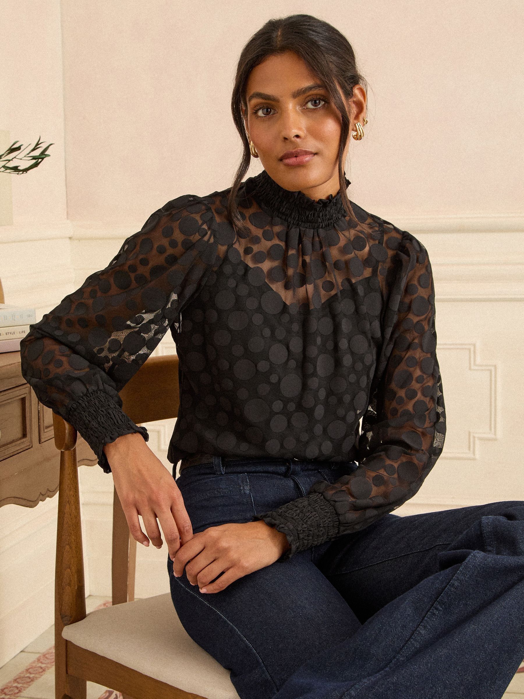 Love & Roses Long Sleeve Spot Print Mesh Top