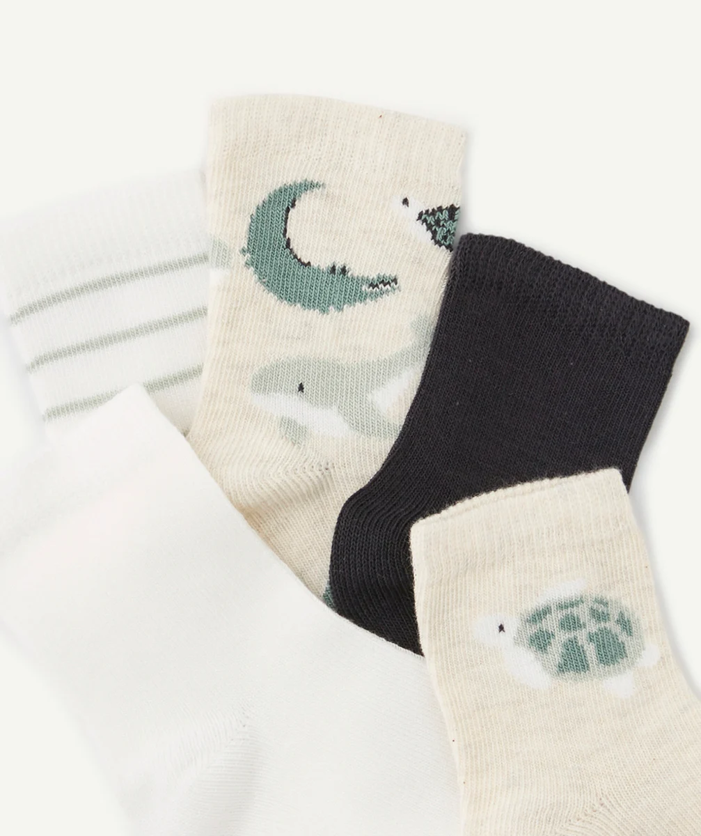 LOT DE 5 CHAUSSETTES BÉBÉ GARÇON ÉCRU ET BLEU AVEC ANIMAUX