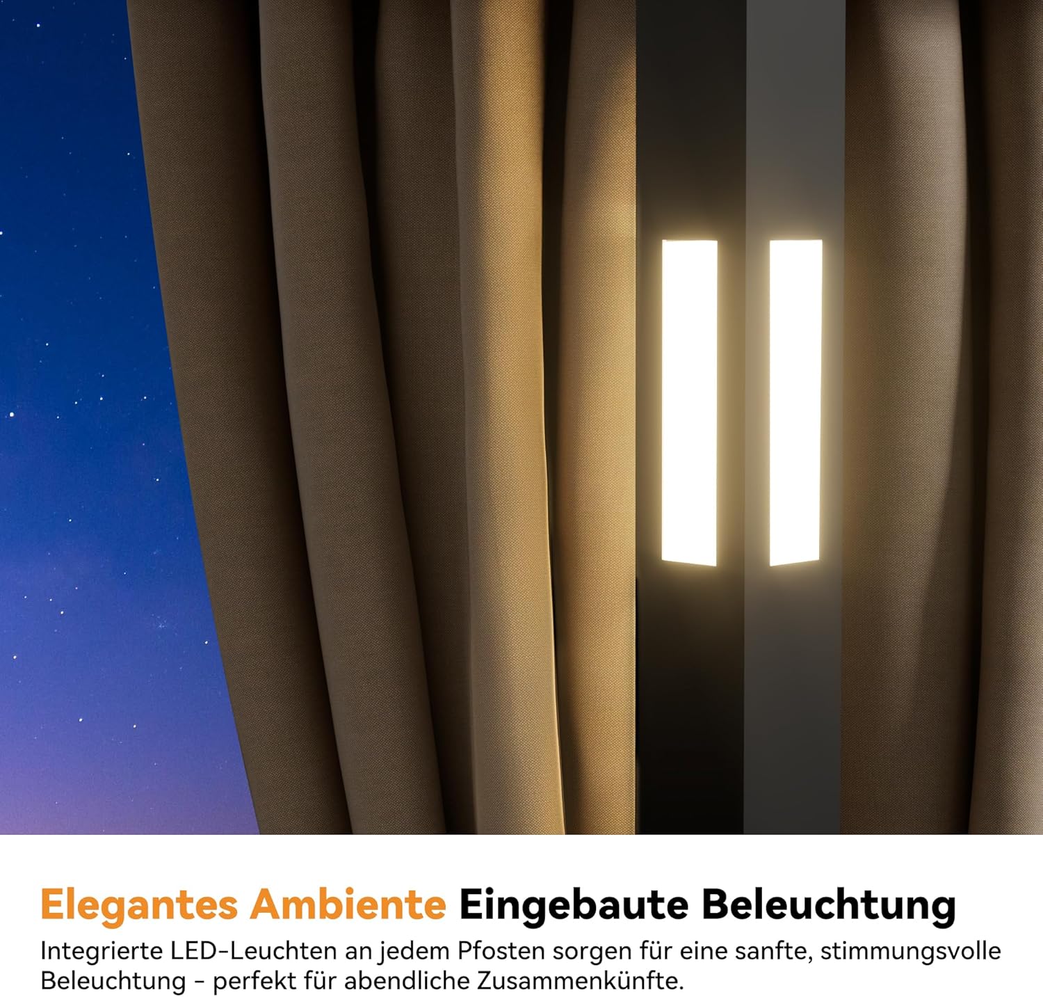 Modern Shade Pavillon 3,35x3,96m wasserdicht stabil, Hinterhof Gartenpavillon mit LED-Beleuchtung & Bluetooth-Lautsprecher, Partyzelt Doppeldach mit Netz und Vorhängen für Garten Schatten Regen