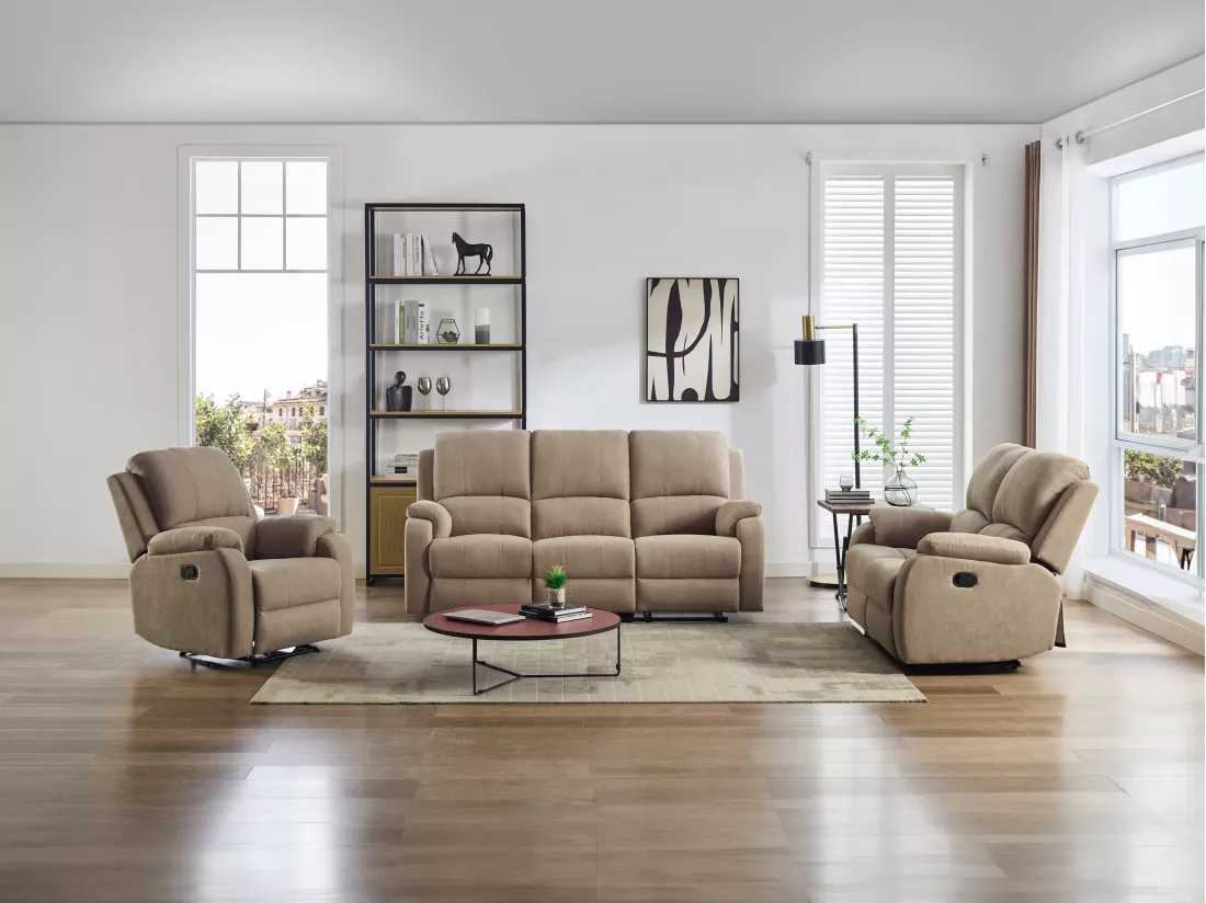 Canapé 3 places, 2 places et fauteuil relax en microfibre taupe BRODY