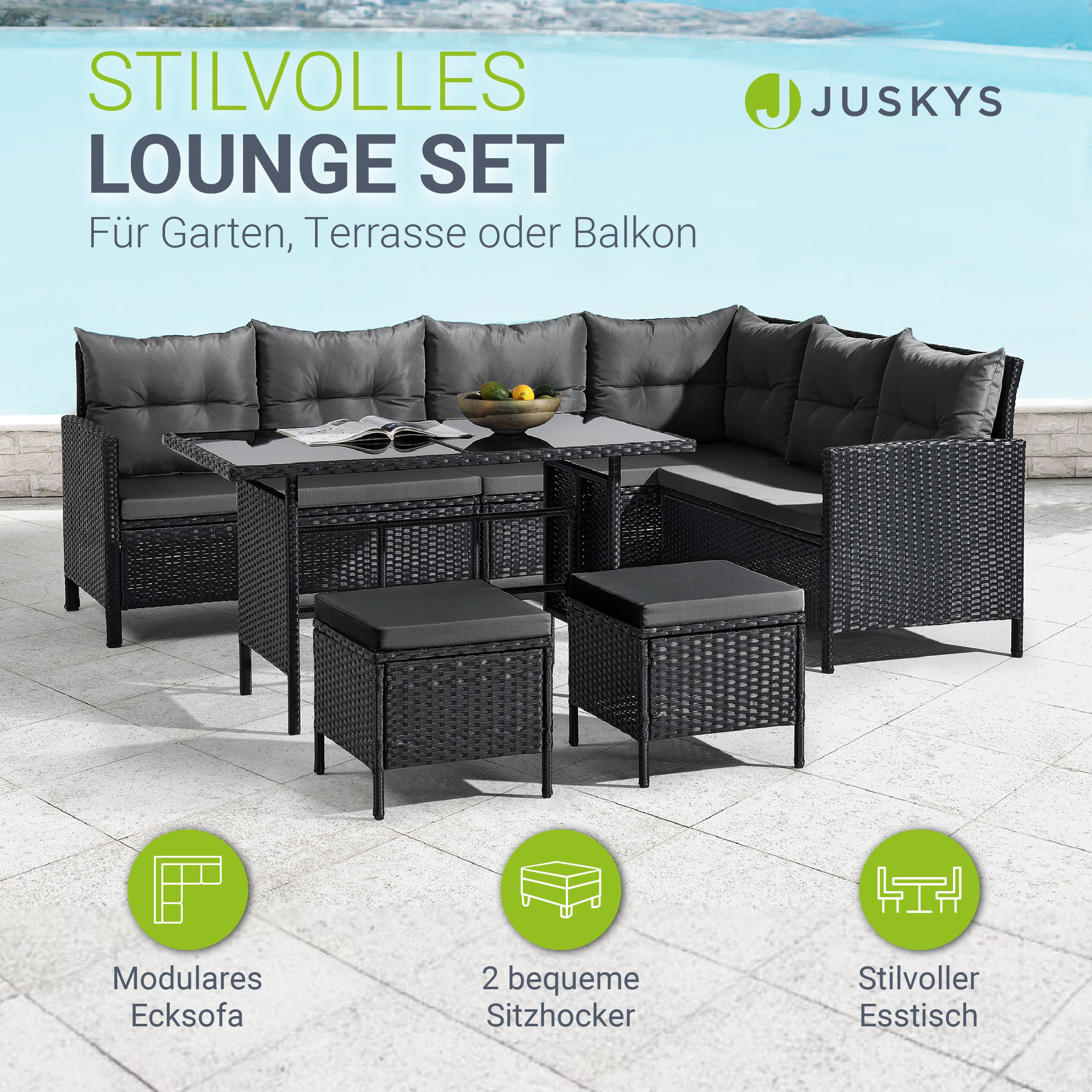 Juskys Gartenlounge Manacor schwarz - Sofa, Tisch, Hocker & Kissen - 7 Personen - Sitzbezüge in Grau