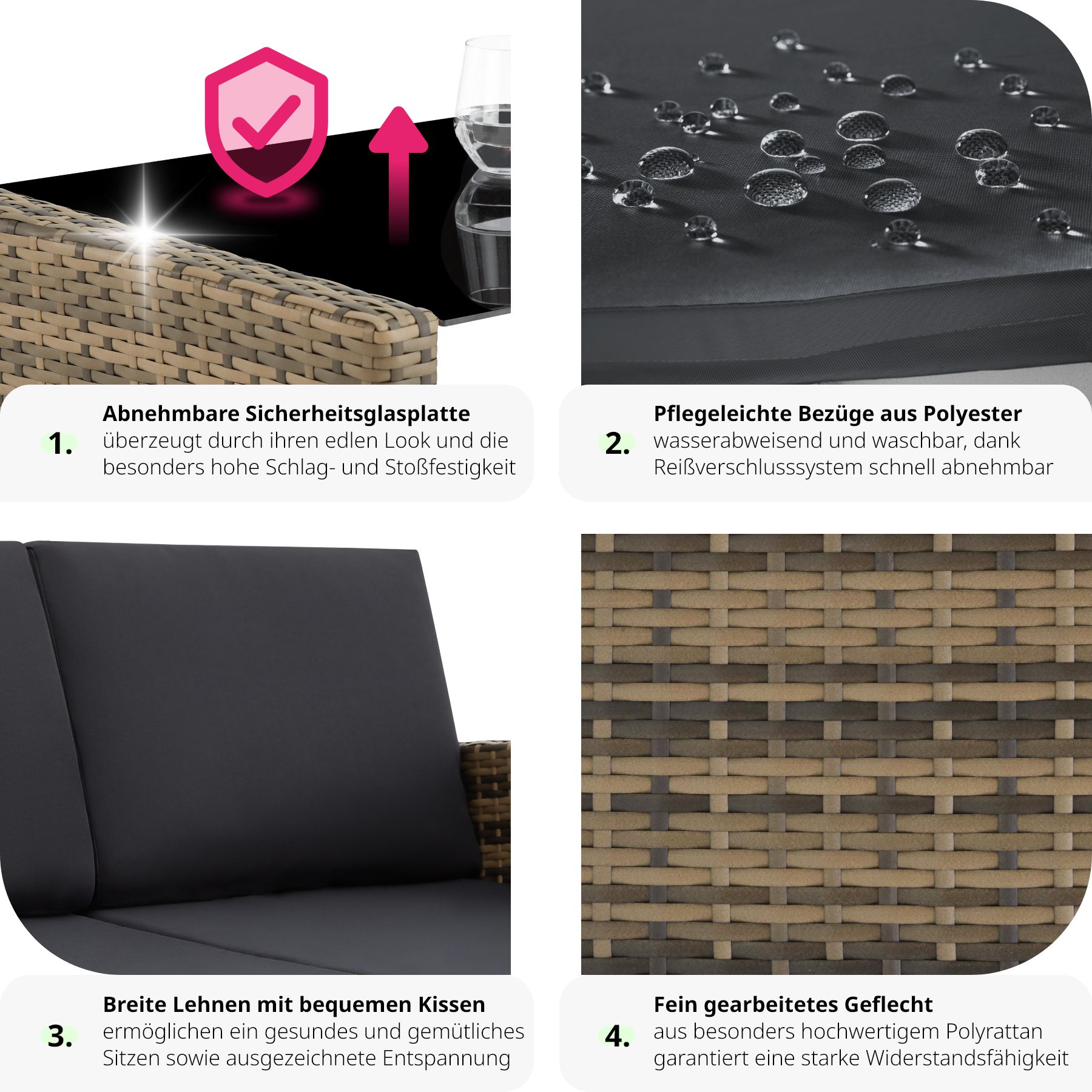 tectake® Rattan Lounge, für 4 Personen, UV-beständig, mit Sicherheitsglasplatte